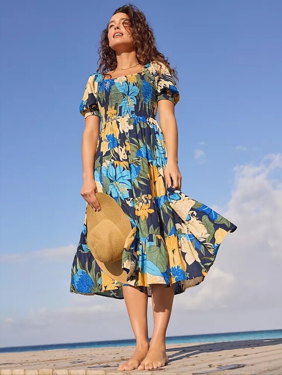 Lands' End Dresses & Skirts - Land's End Smocked Cotton Dobby Midi Puff Sleeve Dress Navy Floral, XS, Coastal